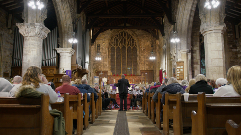 Photo of Laughton Church with Maltby Brass Band at the 2023 Harvest Festival